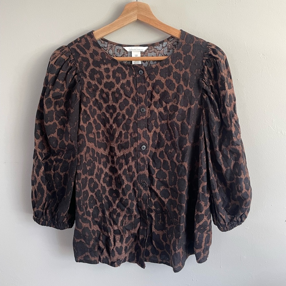 H&M Leopard Print Puff Sleeve Blouse - Brown and Black - Linen Blend